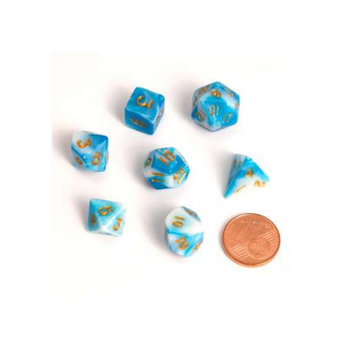 Blackfire Dice: 9-12 mm Fairy Dice RPG Set - BiColor Blue White (7 Dice)