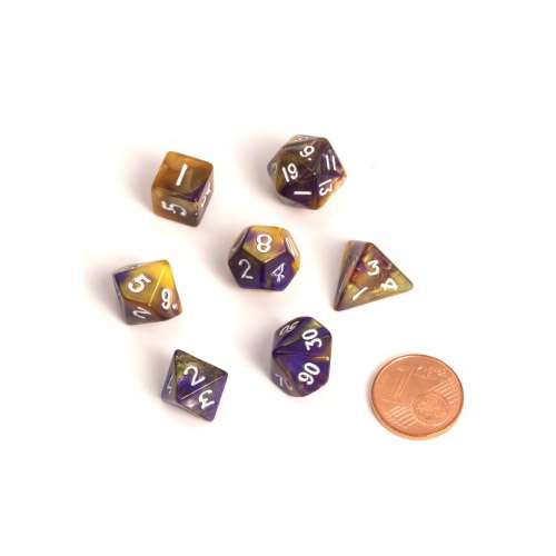 Blackfire Dice: 9-12 mm Fairy Dice RPG Set - BiColor Yellow Purple (7 Dice)