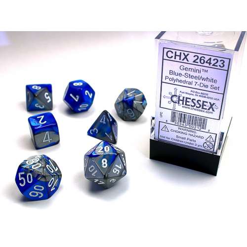Chessex Gemini Polyhedral 7-Die Set - Blue-Steel w/white