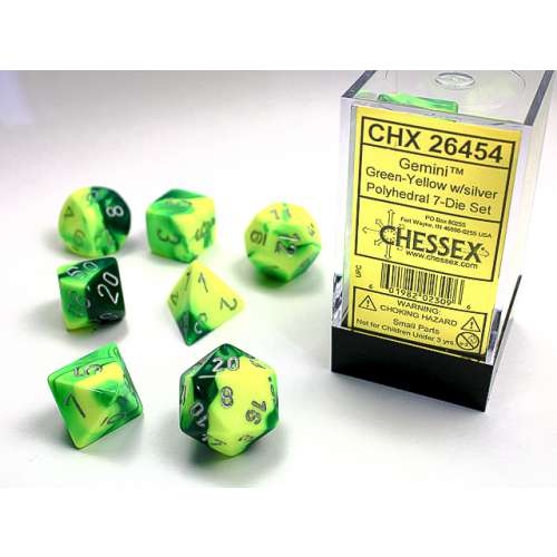 Chessex Gemini Polyhedral 7-Die Set - Green-Yellow w/silver