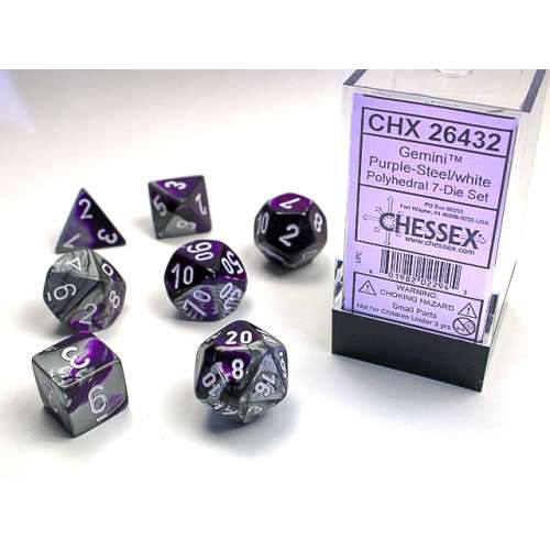 Chessex Gemini Polyhedral 7-Die Set - Purple-Steel w/white